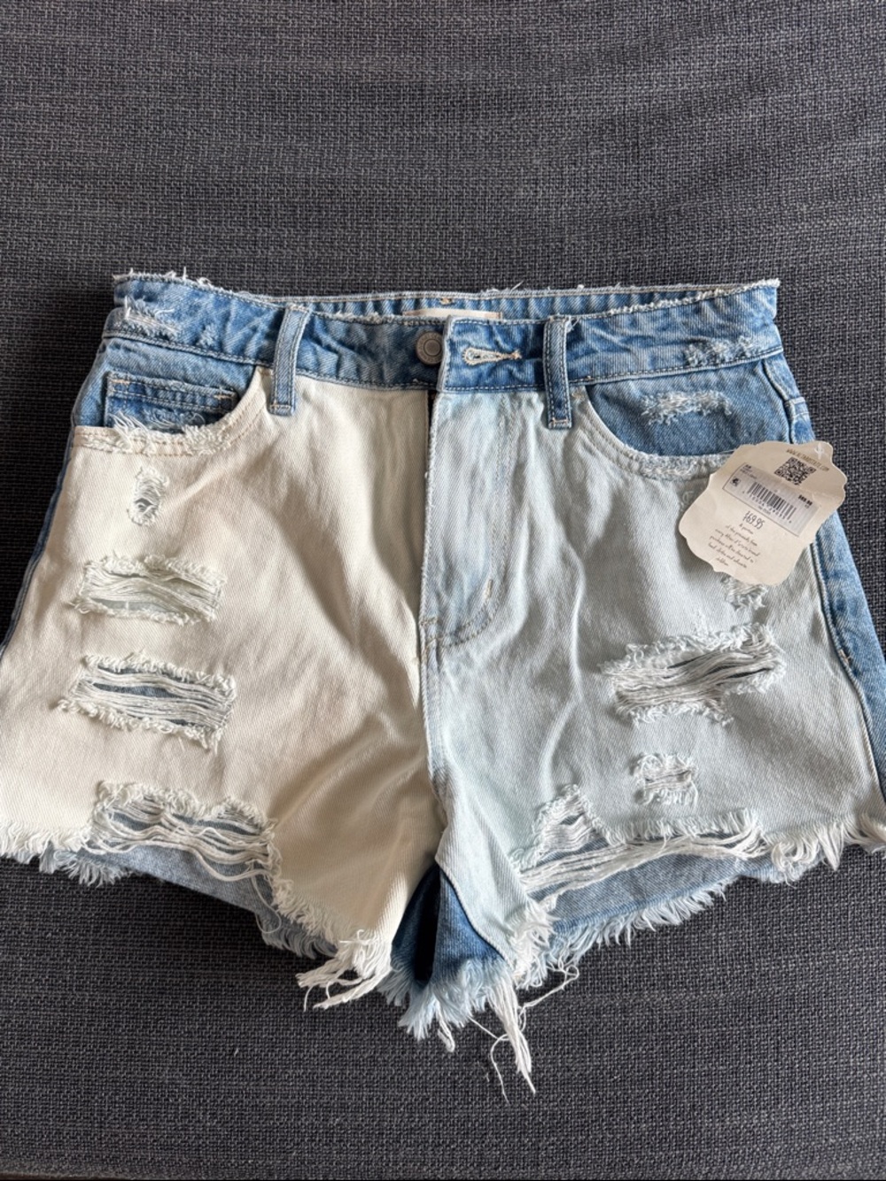 Altar'd State Two-Tone Distressed Jean Shorts - Light Blue & Cream